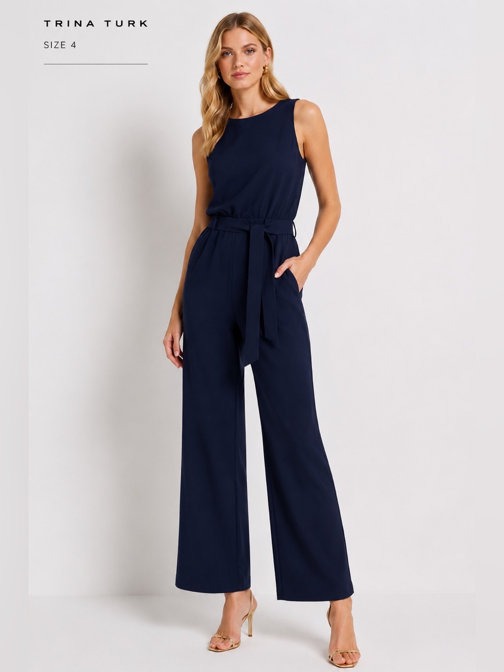 Trina Turk Navy Wide Leg Belted Jumpsuit Size 4 Sleeveless Elegant Chic